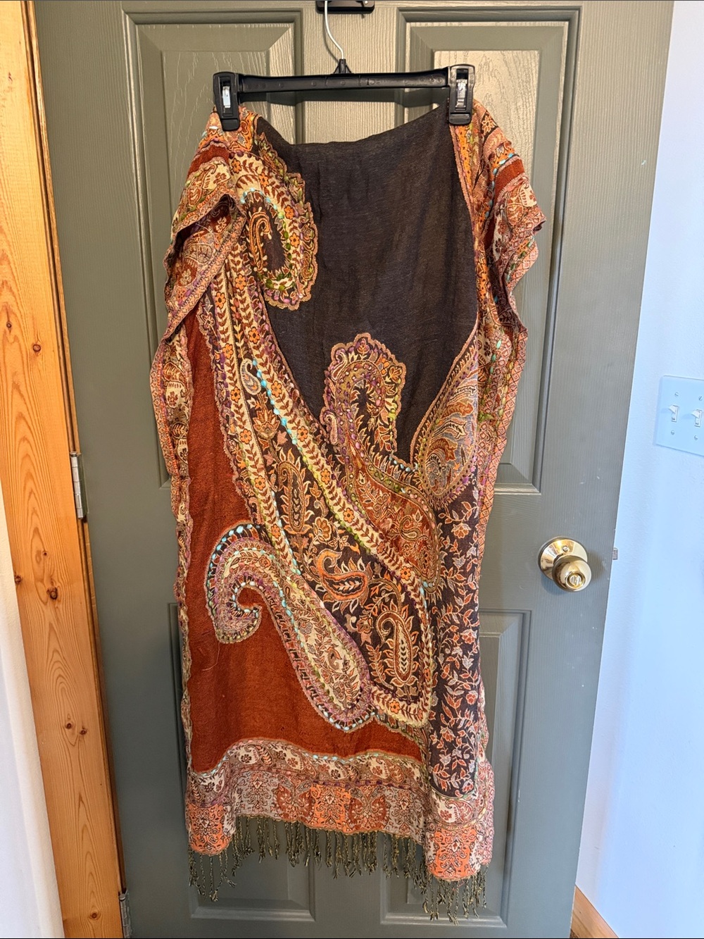 Paisley Fringe Shawl Scarf in Rust and Brown